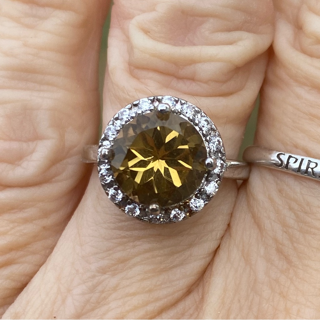 Smoky Topaz Cz Halo Ring 10 Mm Stone 14k Gold Plated .925 Sterling Siver Sz 7.5